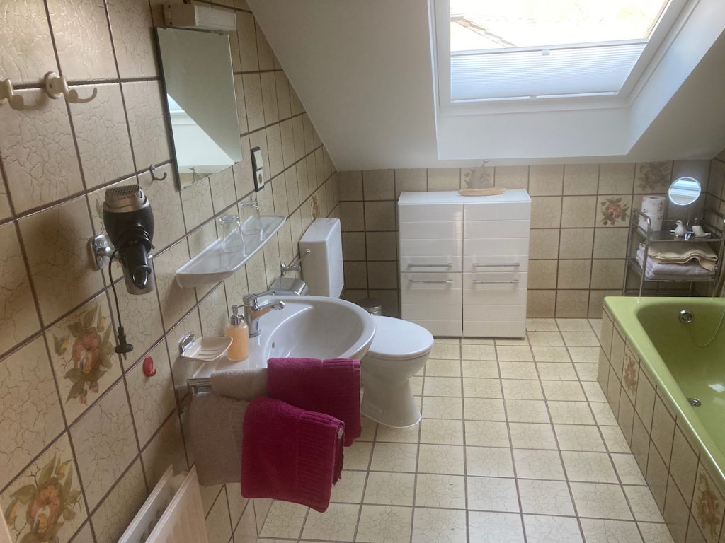 Badezimmer mit Waschbecken, Badewanne und Dachfenster