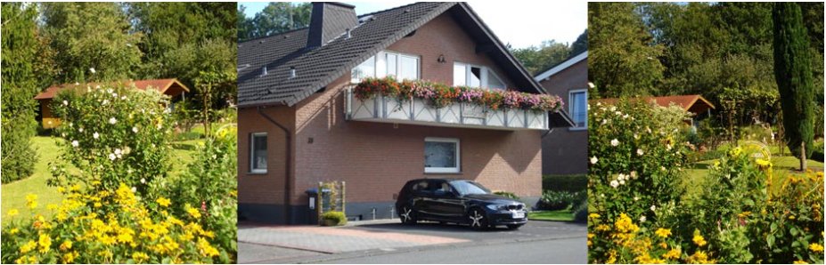 Hausansicht der Ferienwohnungen Thull mit Blumenbeeten und Parkplatz